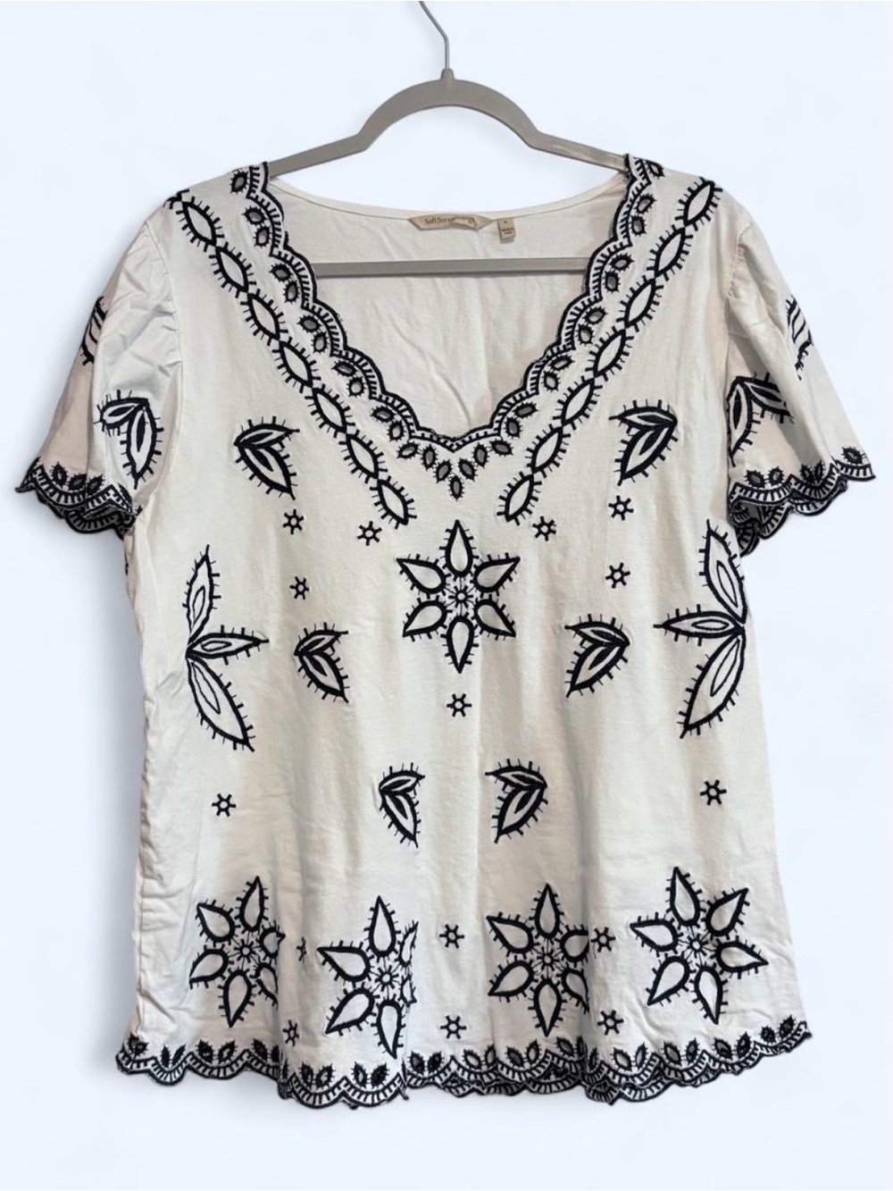 Soft Surroundings Cream Tunic Top with Black Embroidery